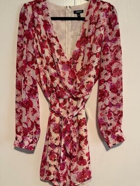 Express Pink & Red Floral Wrap Dress